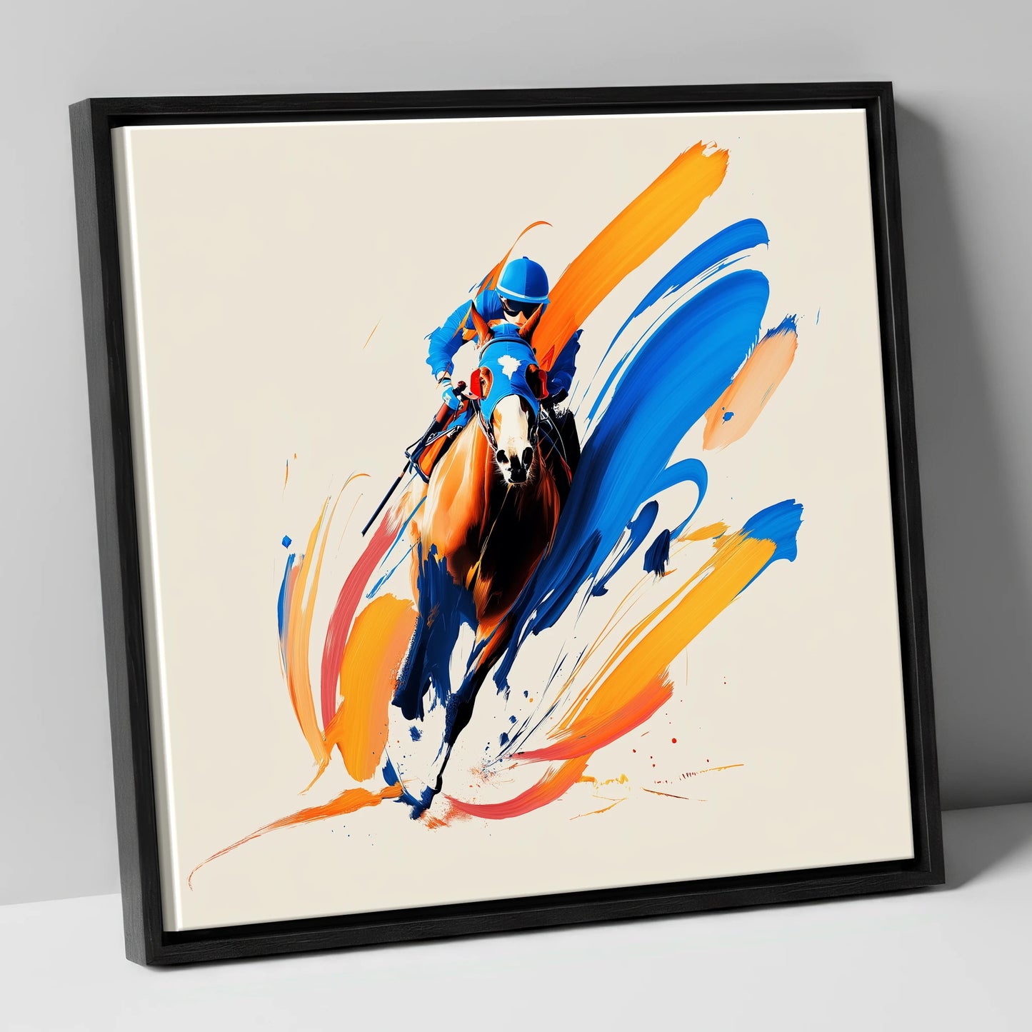 Blue Silks Surging racing horse canvas wall art in black frame