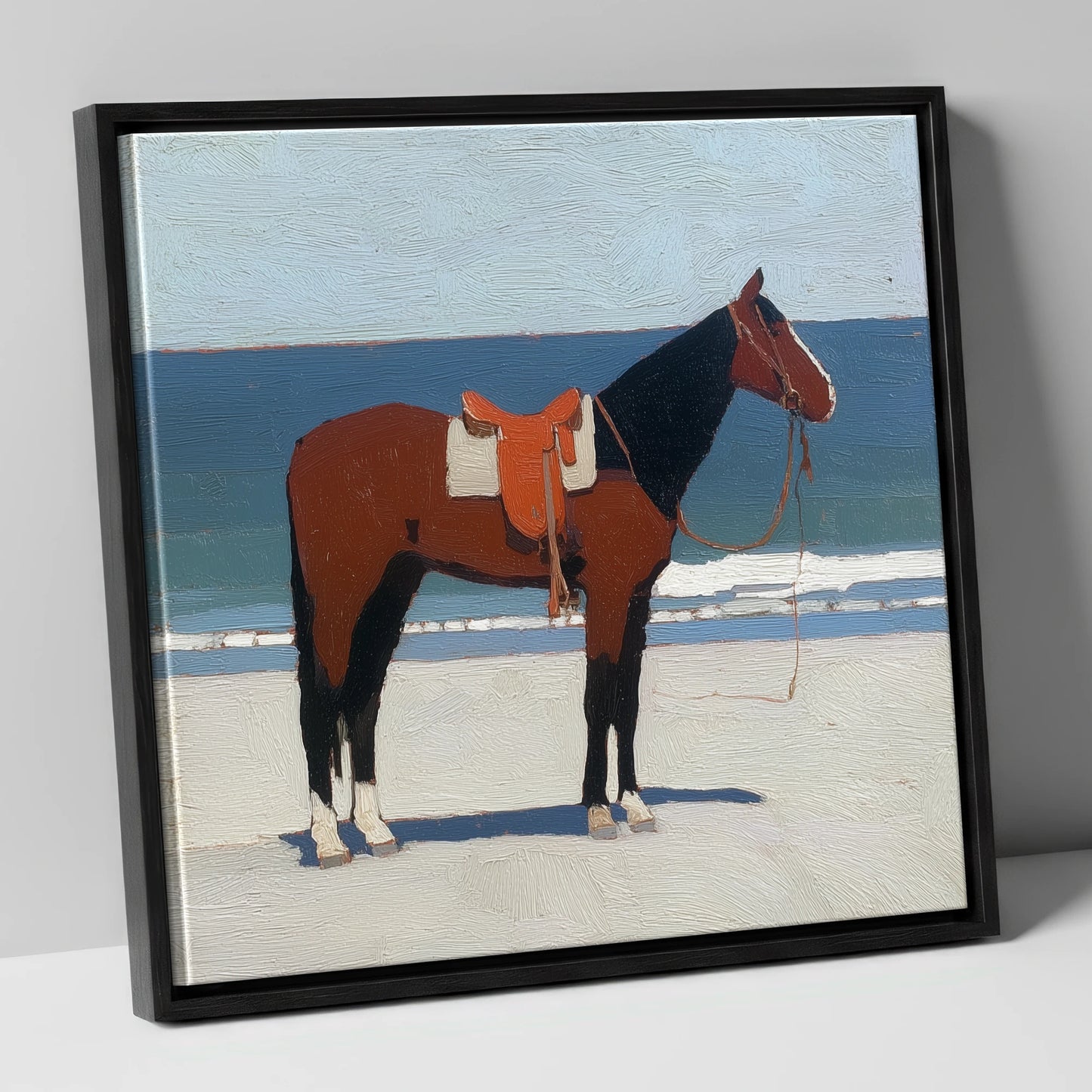 Waiting by the Tide horse landscape canvas wall art in black frame
