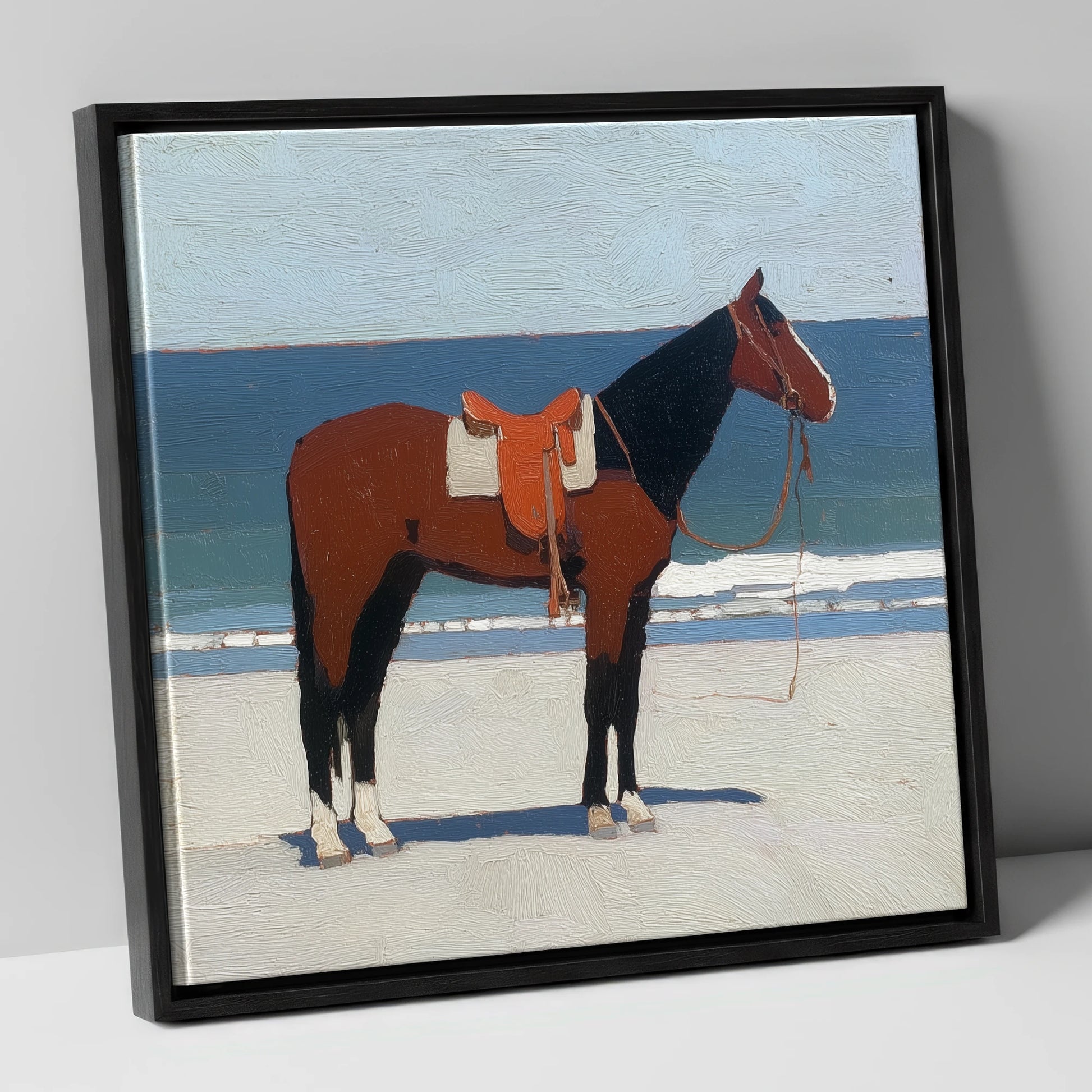 Waiting by the Tide horse landscape canvas wall art in black frame