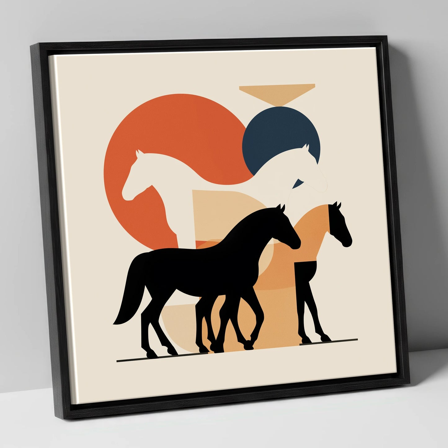 Mid-Century Equine Form wild horses canvas wall art in black frame