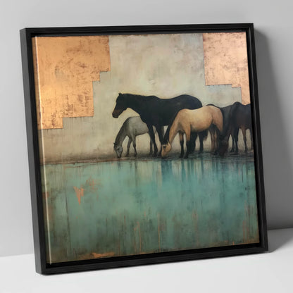 Gilded Equine Reflections wild horses canvas wall art in black frame