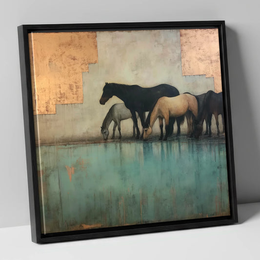 Gilded Equine Reflections wild horses canvas wall art in black frame