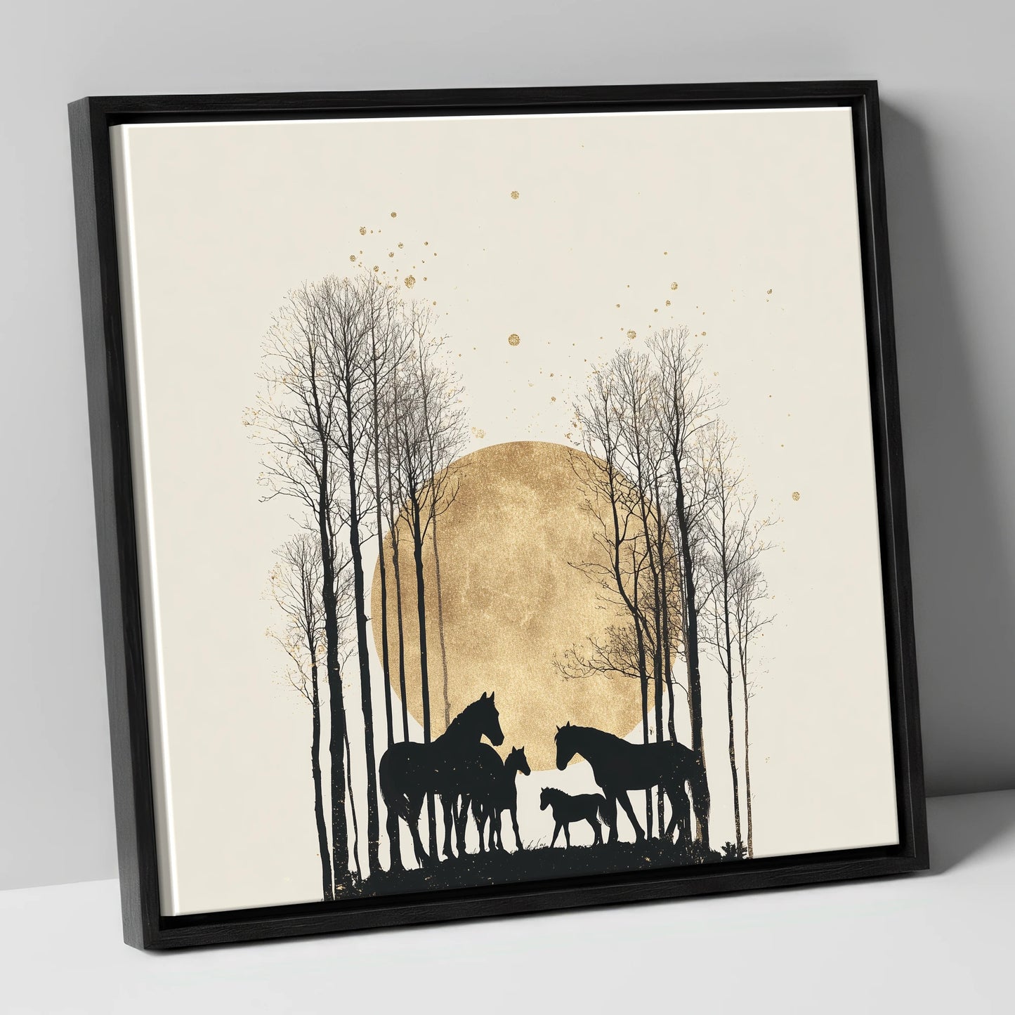 Moonlit Forest Clearing horse landscape canvas wall art in black frame