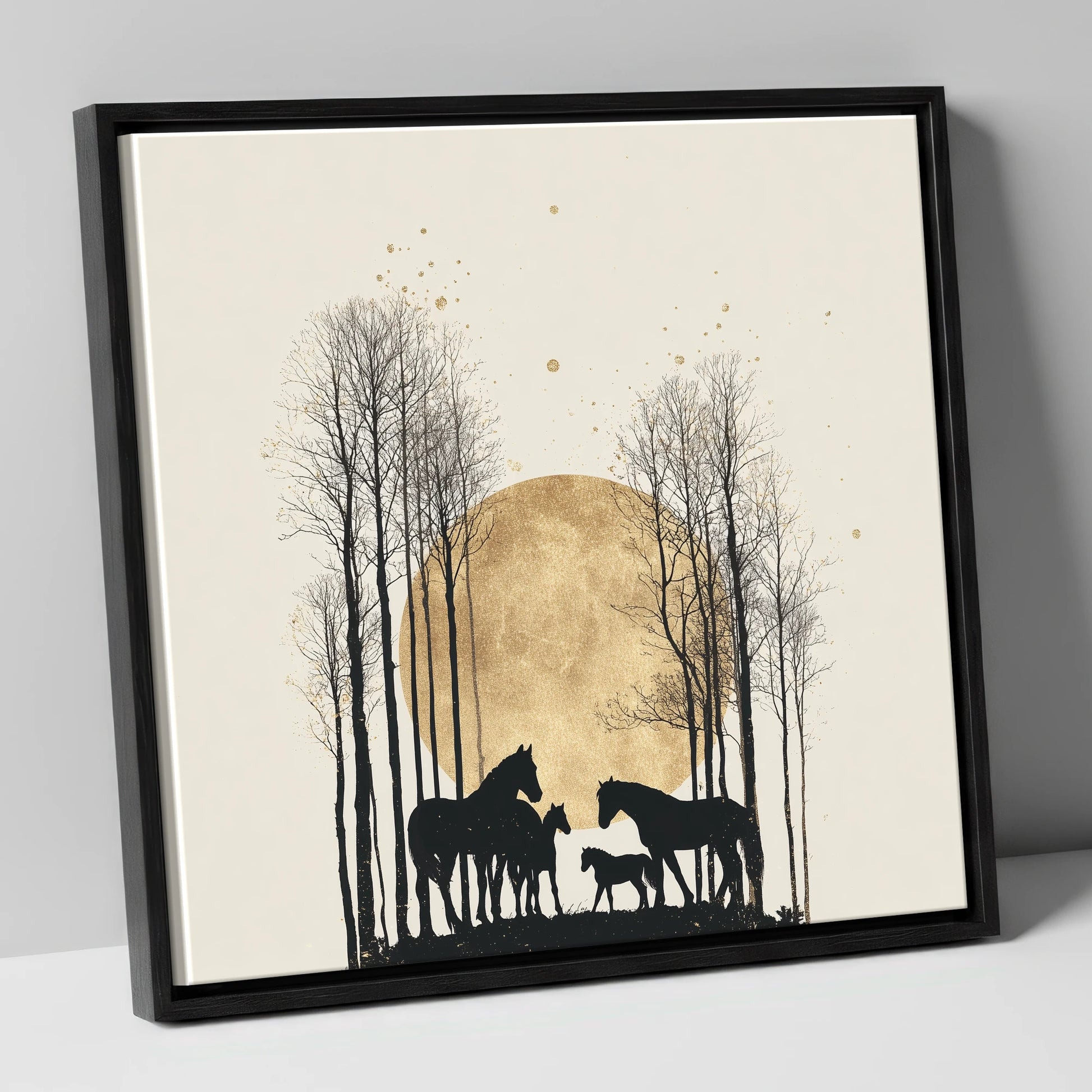 Moonlit Forest Clearing horse landscape canvas wall art in black frame