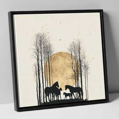 Moonlit Forest Clearing horse landscape canvas wall art in black frame