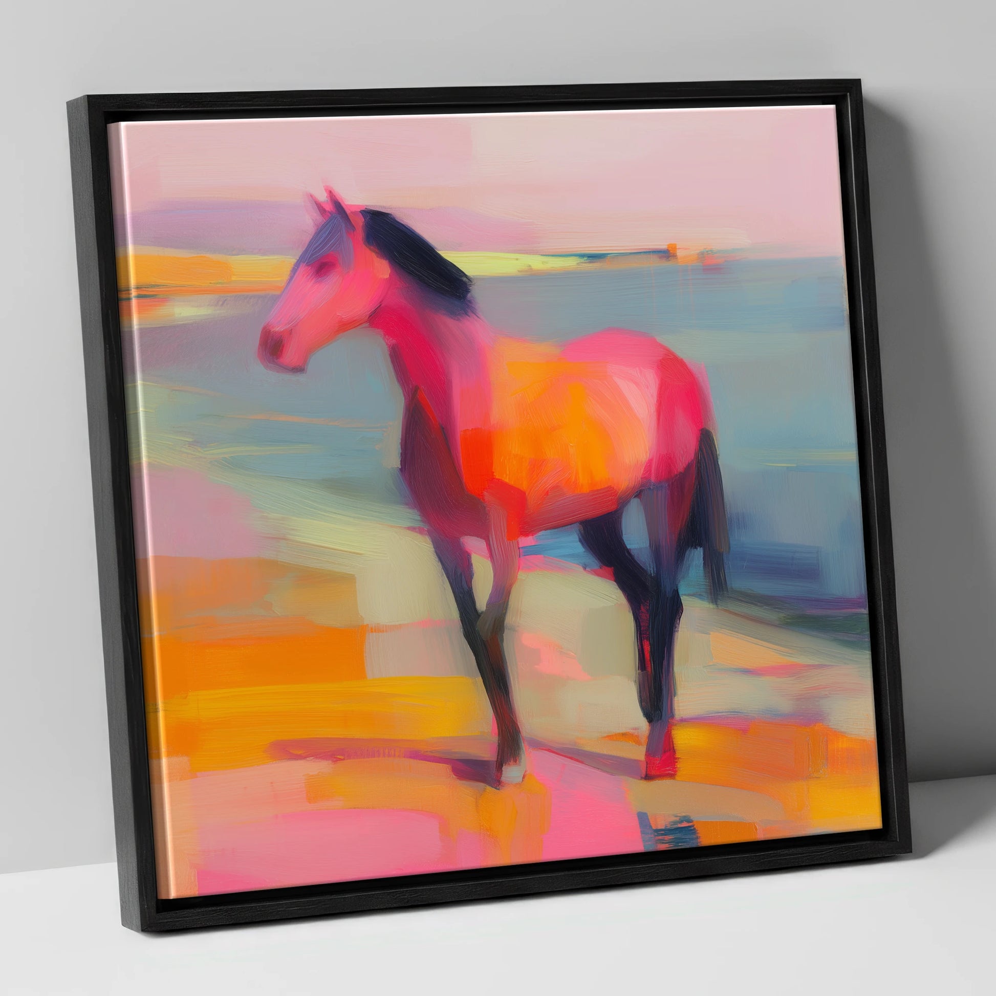 Vivid Shoreline Sentinel horse landscape canvas wall art in black frame