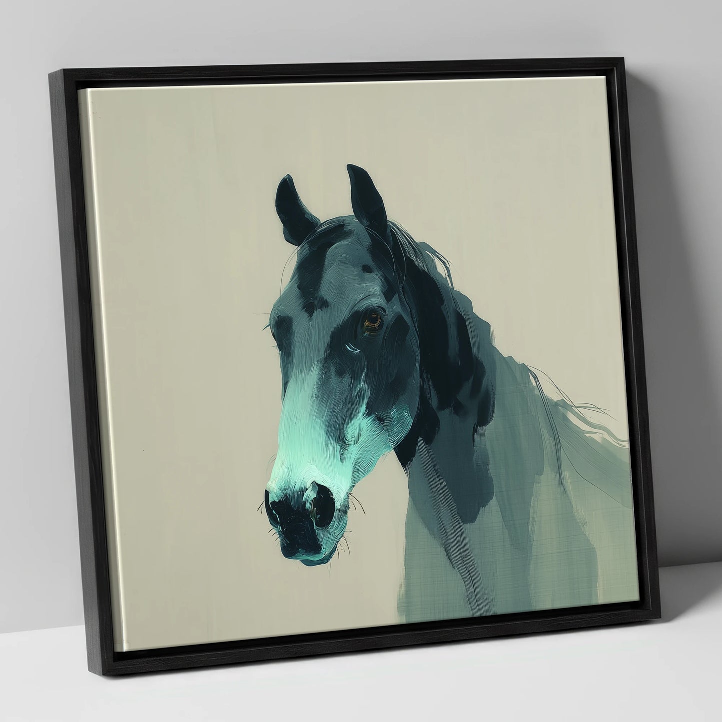 Contemporary Teal Equine horse portrait canvas wall art in black frame