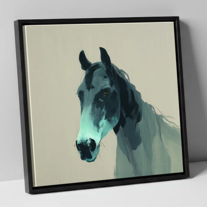 Contemporary Teal Equine horse portrait canvas wall art in black frame