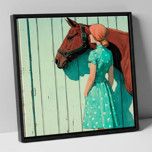 Shadows in Mint and Chestnut horse & rider canvas wall art in black frame
