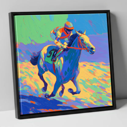 Technicolour Gallop racing horse canvas wall art in black frame