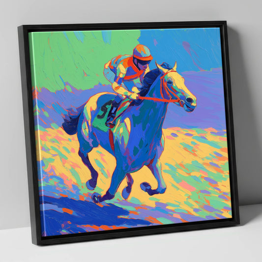 Technicolour Gallop racing horse canvas wall art in black frame