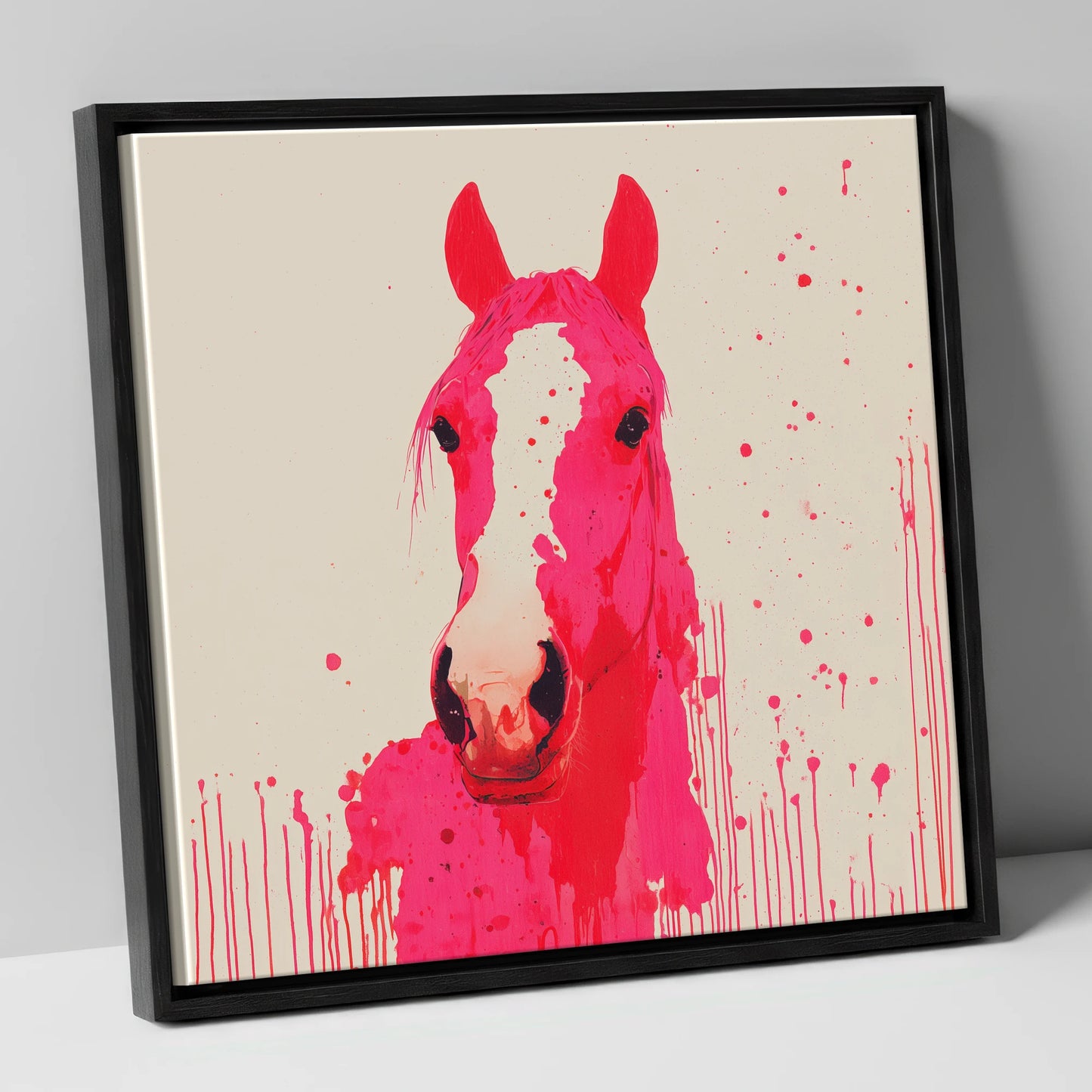 Vibrant Magenta Blaze horse portrait canvas wall art in black frame