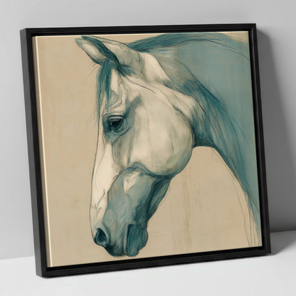Teal Wash Portrait horse portrait canvas wall art in black frame