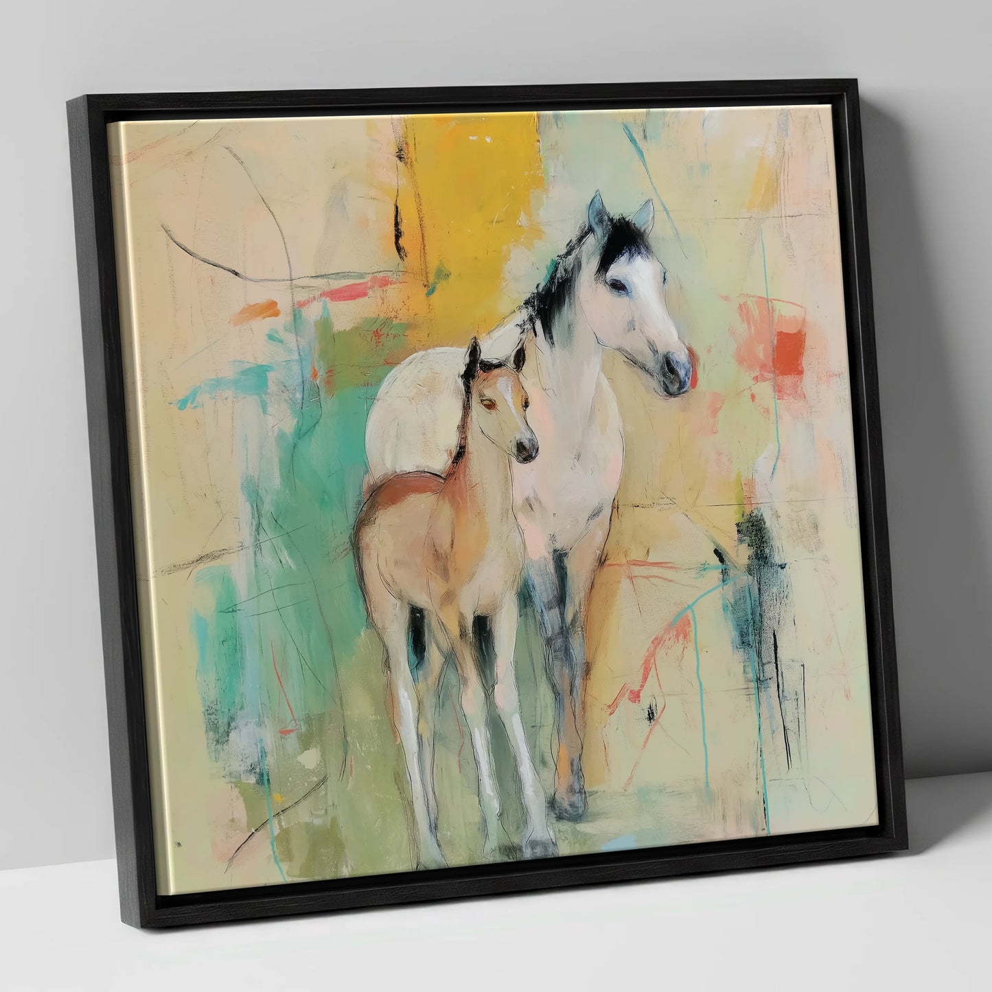 Gentle Guardianship mare & foal canvas wall art in black frame