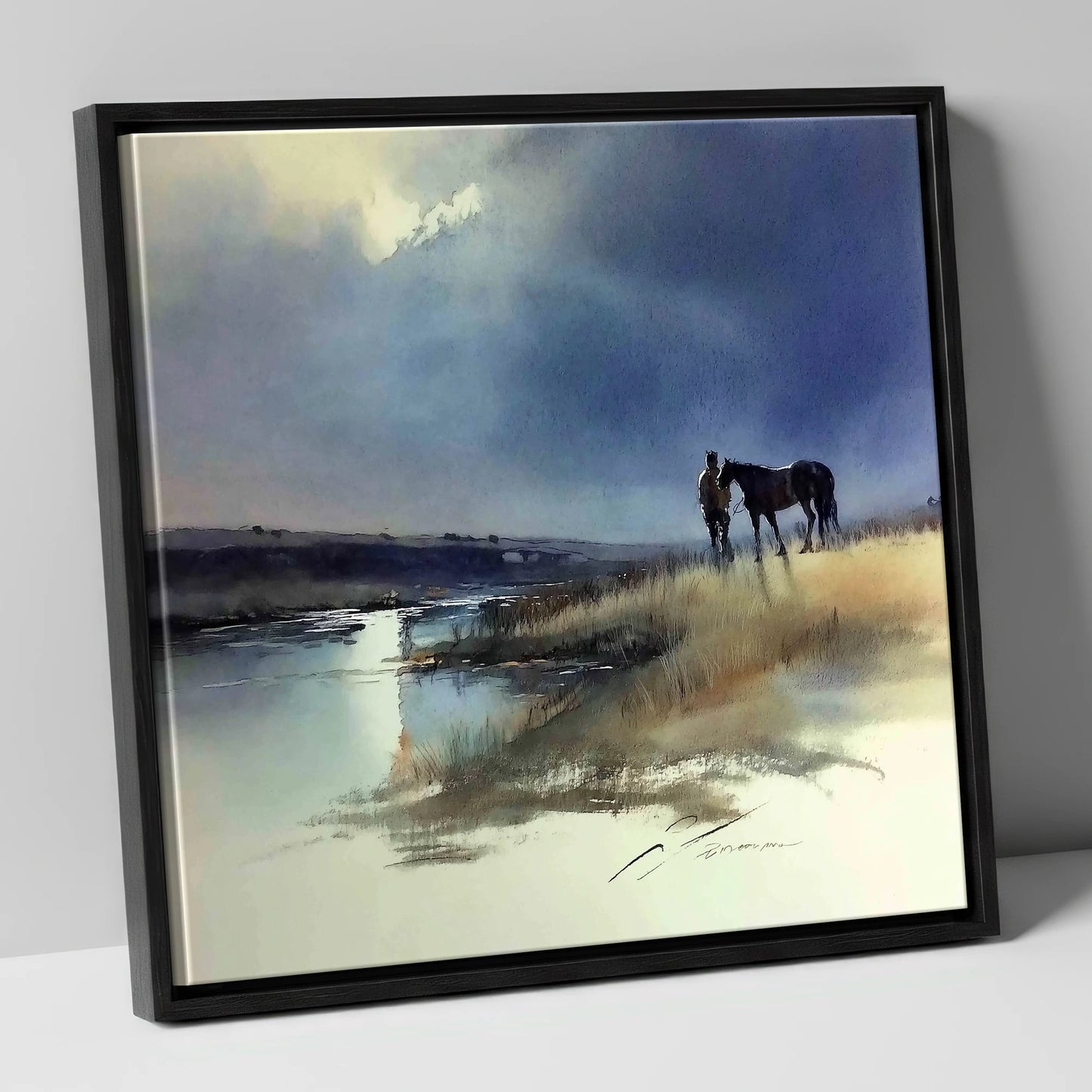 Storm Light Companions horse & rider canvas wall art in black frame