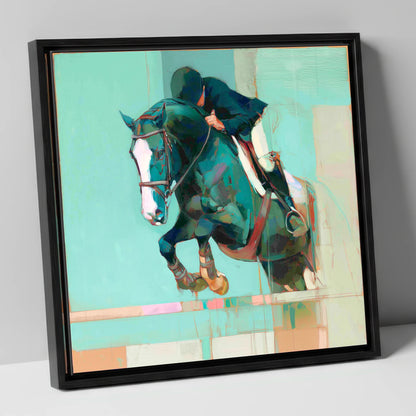 Suspended in Teal show jumping horse canvas wall art in black frame