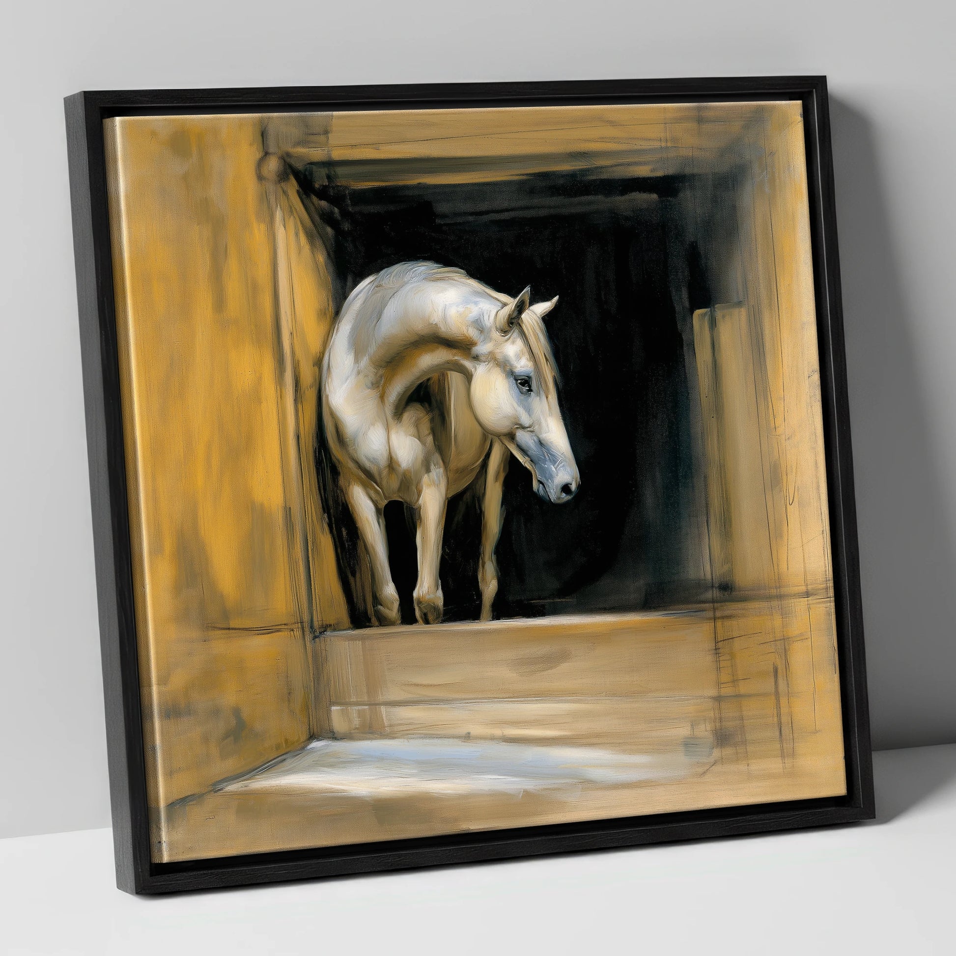 Quiet Anticipation horse stable canvas wall art in black frame