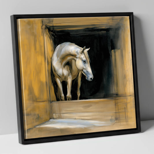 Quiet Anticipation horse stable canvas wall art in black frame
