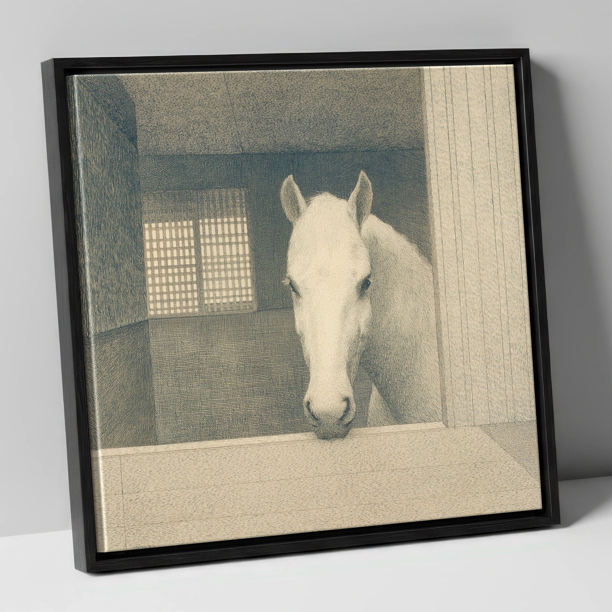 Quiet Contemplation horse stable canvas wall art in black frame