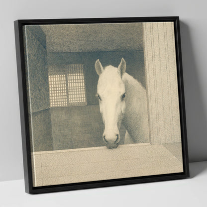 Quiet Contemplation horse stable canvas wall art in black frame