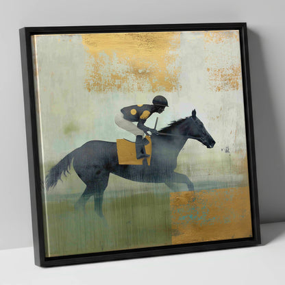 The Gilded Gallop racing horse canvas wall art in black frame