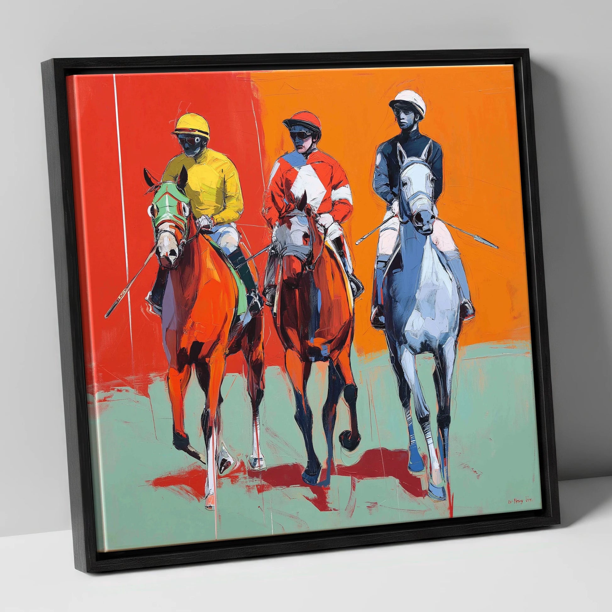 Three to the Post racing horse canvas wall art in black frame