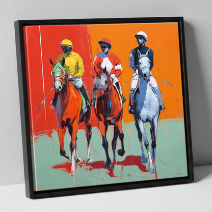 Three to the Post racing horse canvas wall art in black frame