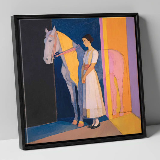 Modernist Equine Harmony horse & rider canvas wall art in black frame