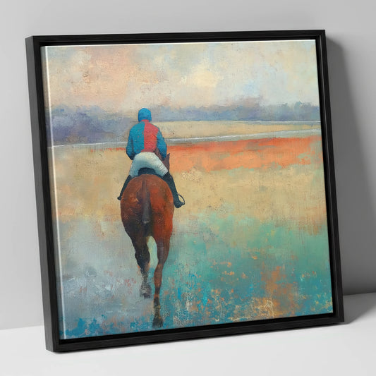 Chestnut Racehorse in Vibrant Silks racing horse canvas wall art in black frame