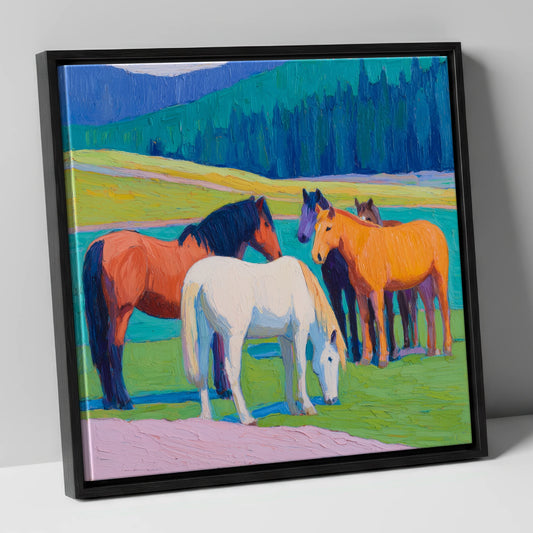 Vivid Pasture Herd horse landscape canvas wall art in black frame