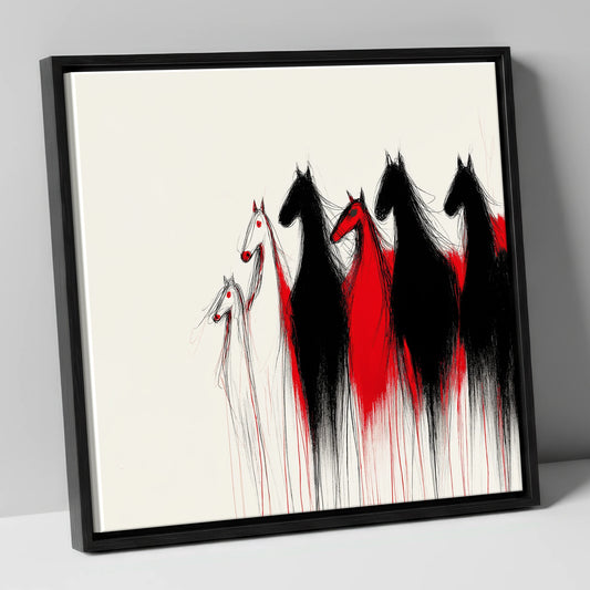 Crimson Herd Silhouettes wild horses canvas wall art in black frame