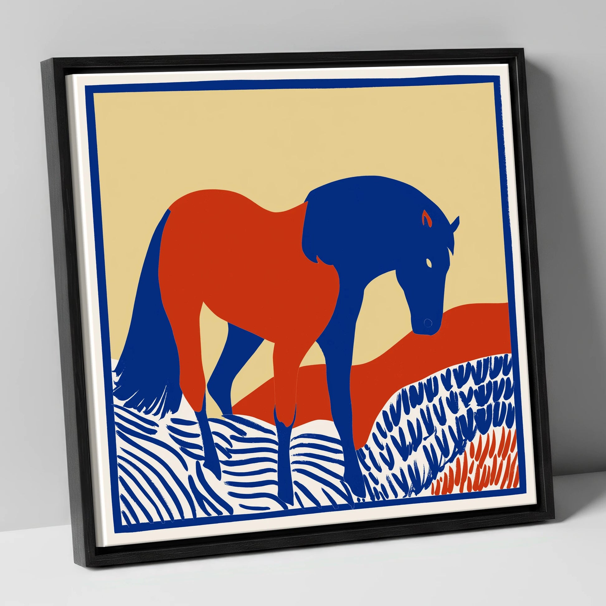 Cobalt And Rust horse portrait canvas wall art in black frame