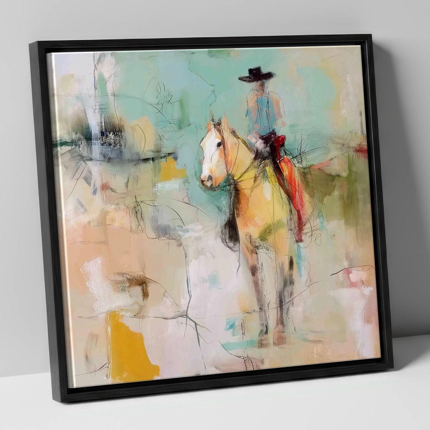 Painted Western Silhouette western horse canvas wall art in black frame