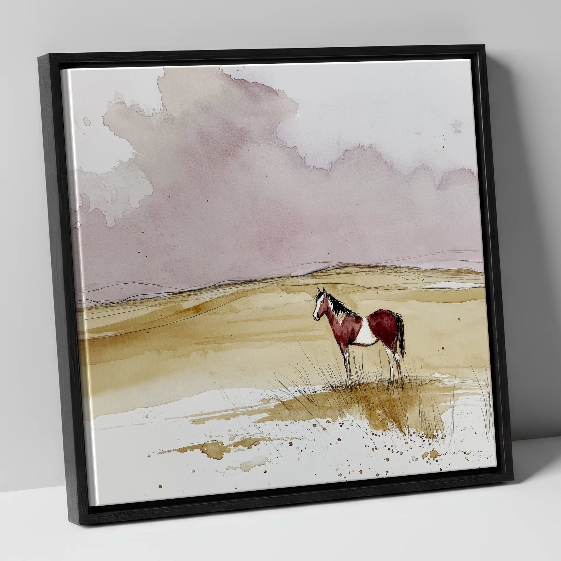 Ochre Horizons horse landscape canvas wall art in black frame