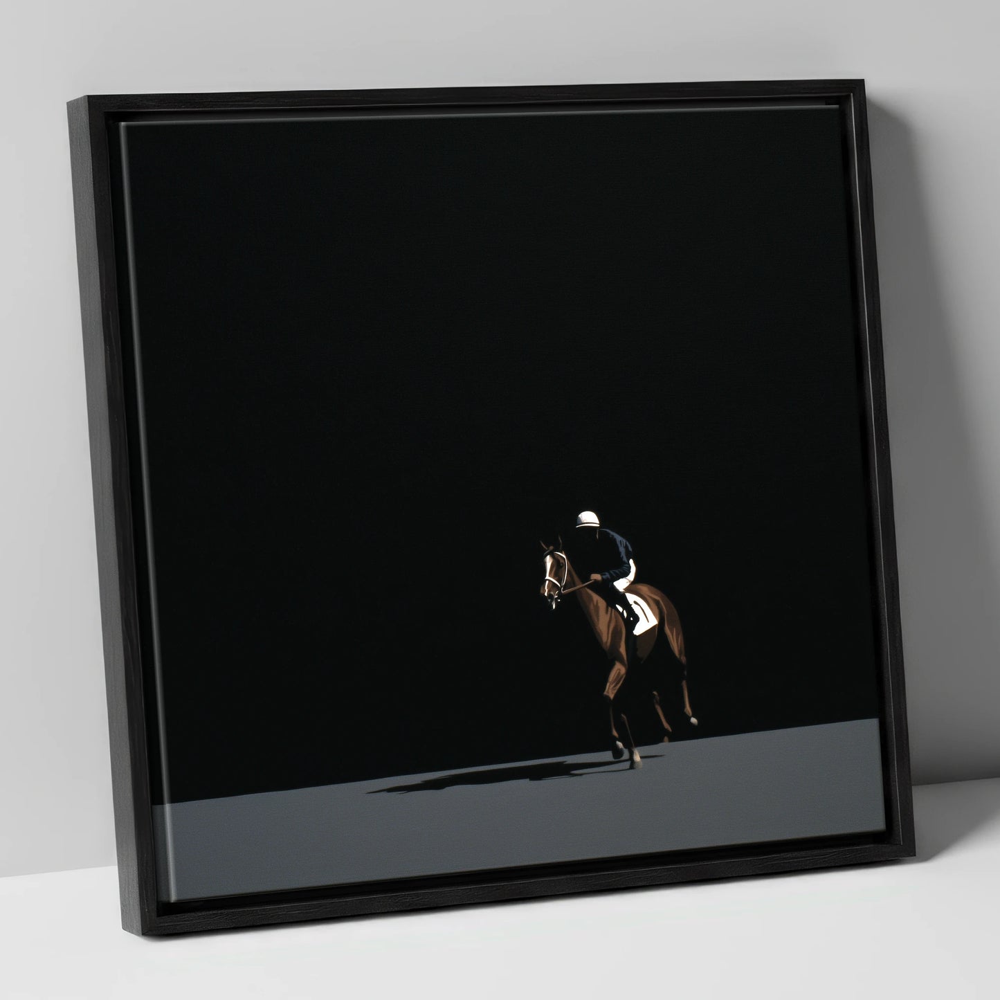 Out of the Shadows racing horse canvas wall art in black frame