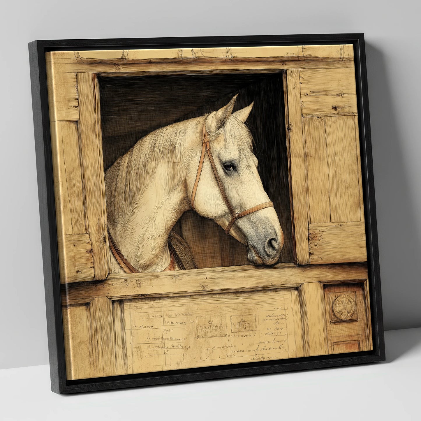 The Draftsman's Grey horse stable canvas wall art in black frame