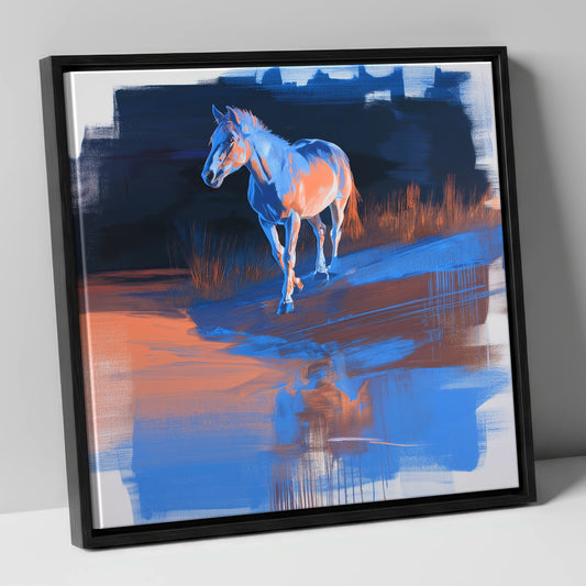 Cobalt Dawn Crossing horse landscape canvas wall art in black frame