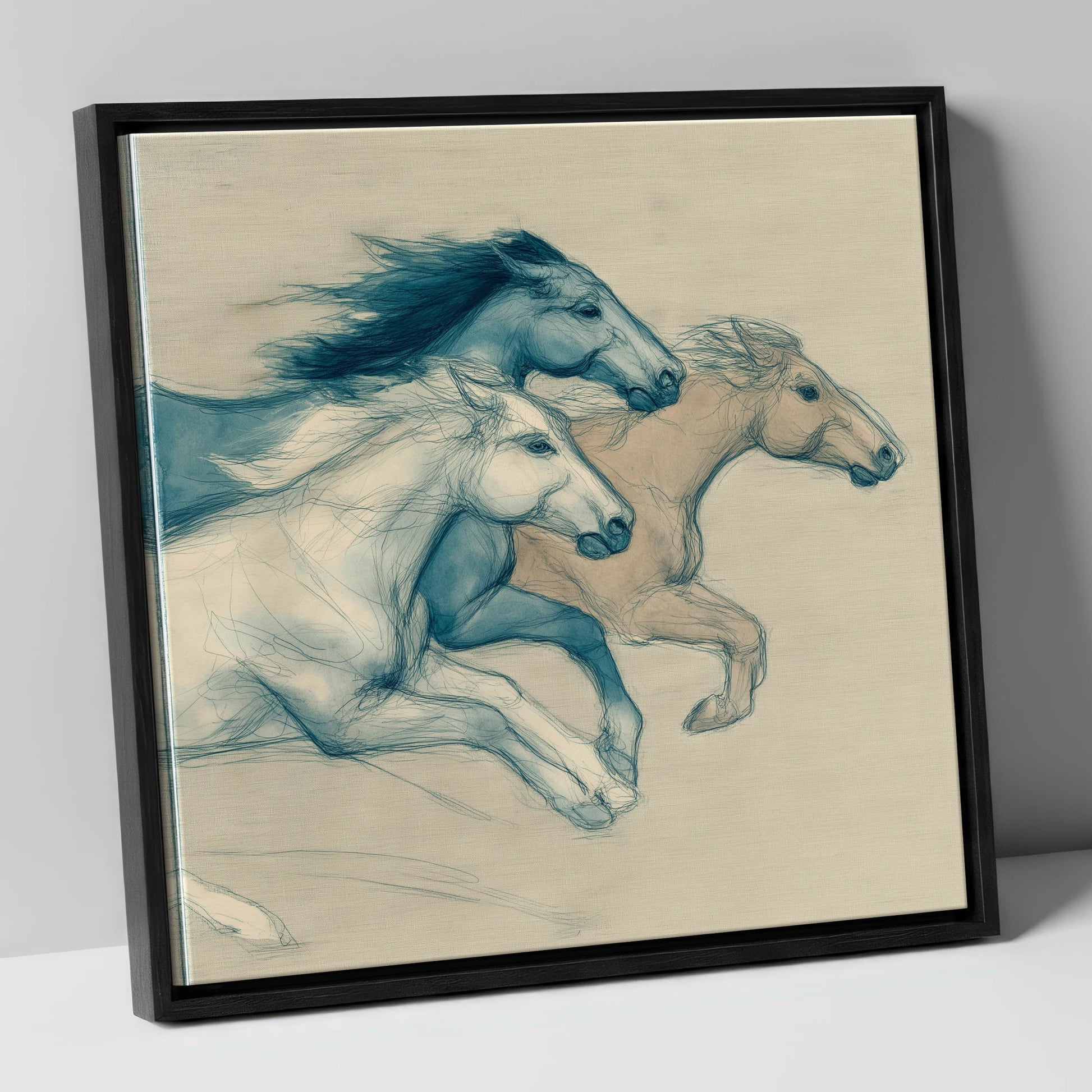 Azure Equine Trio wild horses canvas wall art in black frame