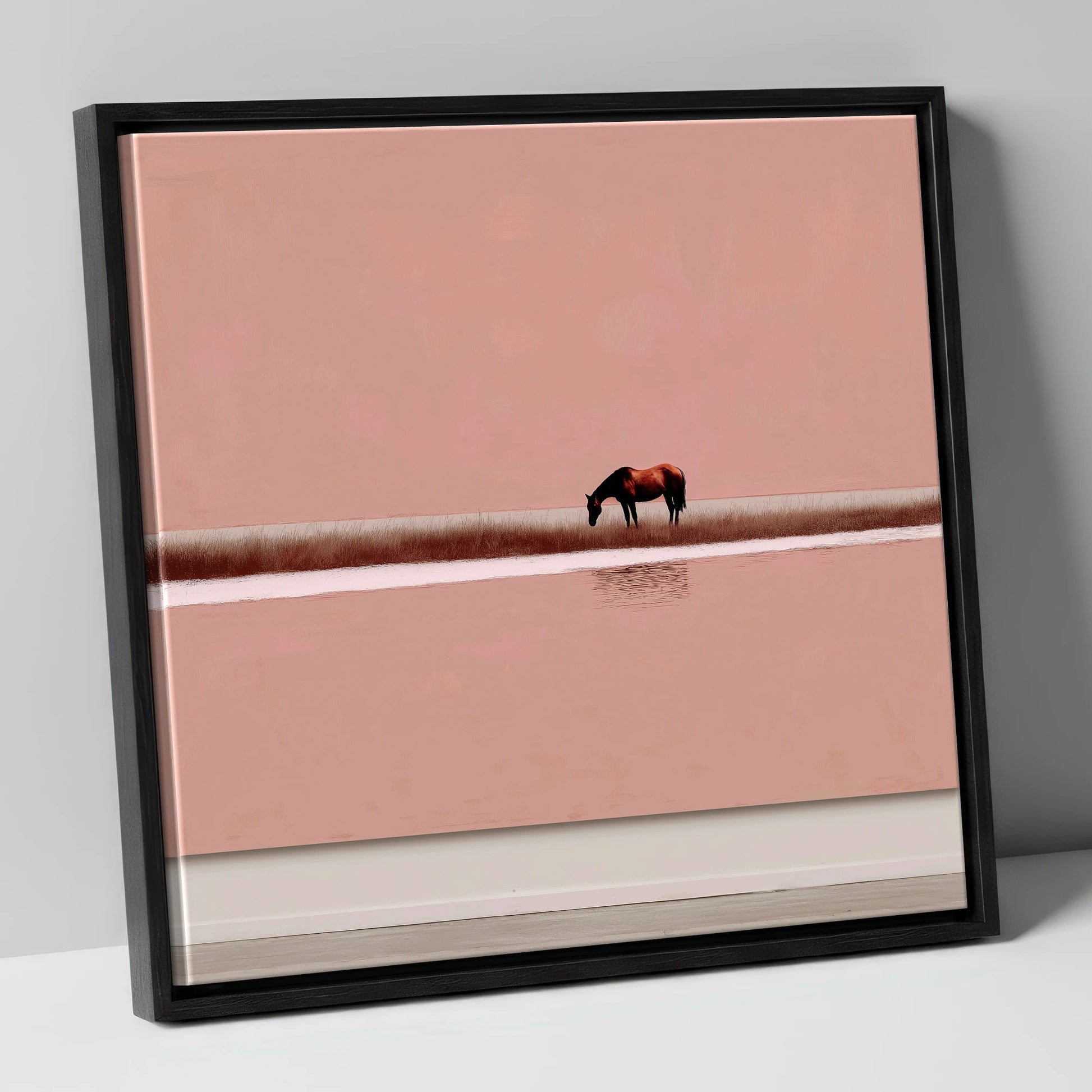 Dusky Rose Horizon horse landscape canvas wall art in black frame