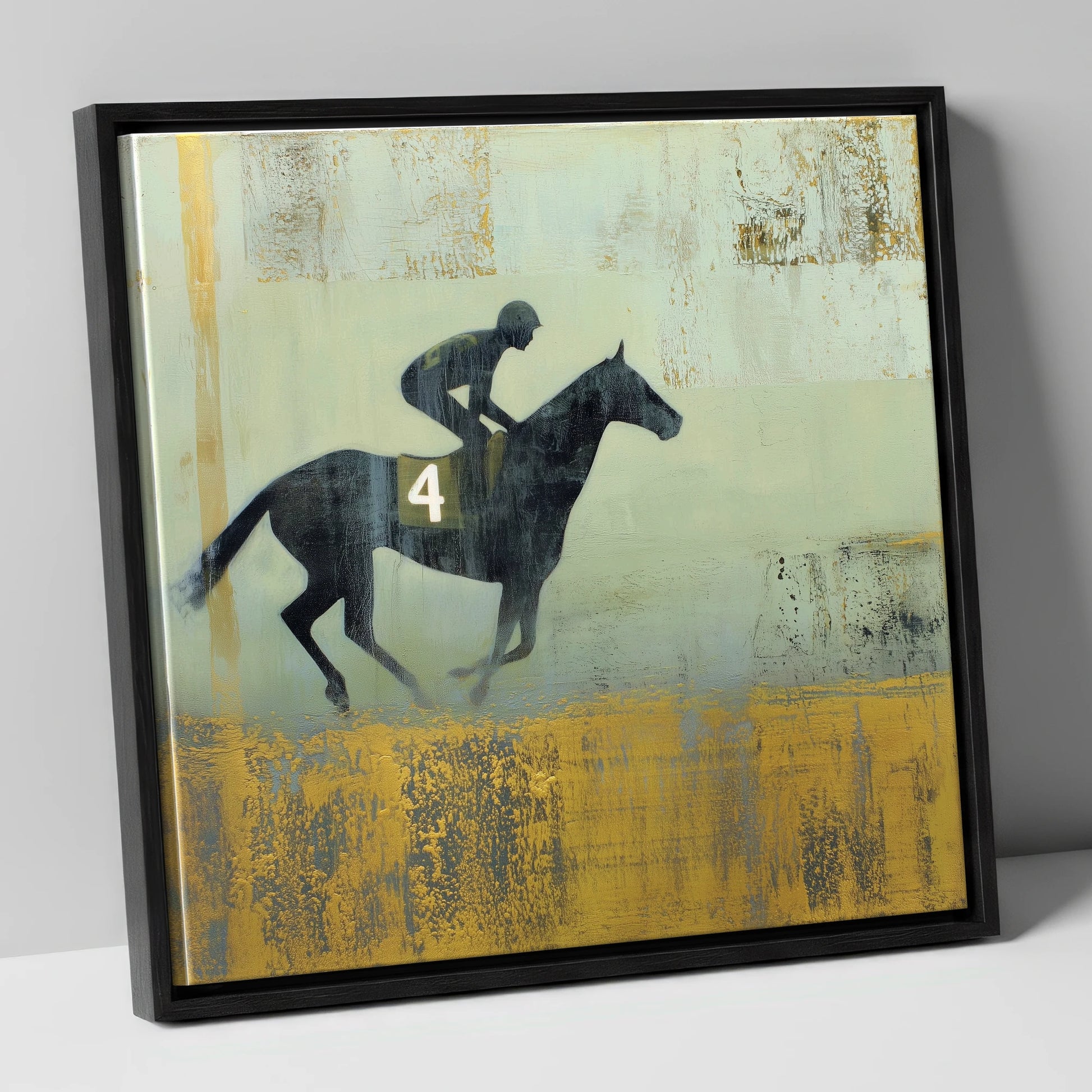 Gilded Number Four racing horse canvas wall art in black frame