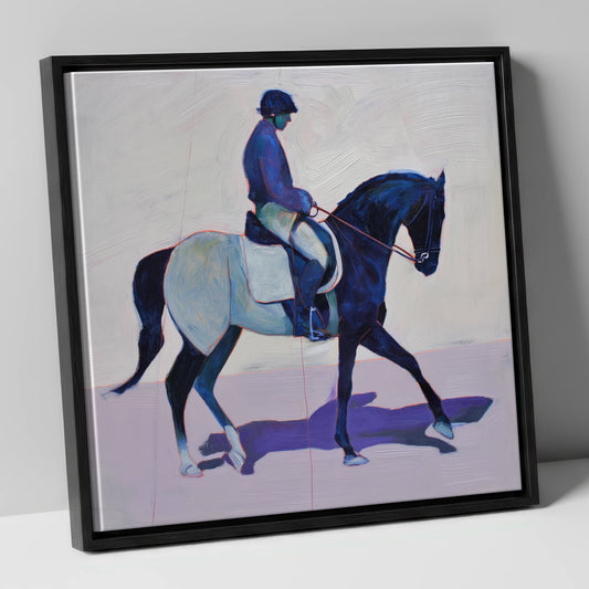 Midnight Cadence dressage horse canvas wall art in black frame