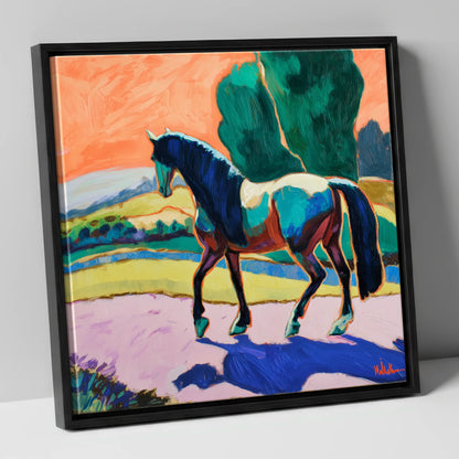 The Cobalt Stride horse breed canvas wall art in black frame