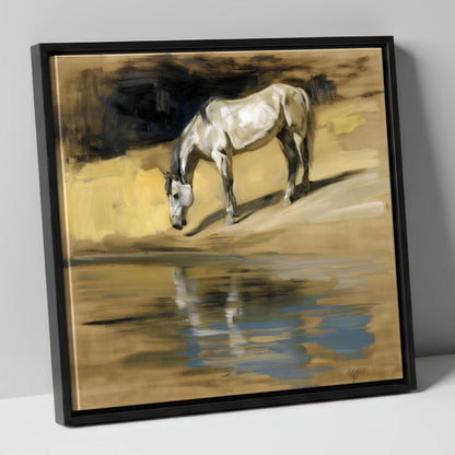 Quiet Waters Reflection horse landscape canvas wall art in black frame