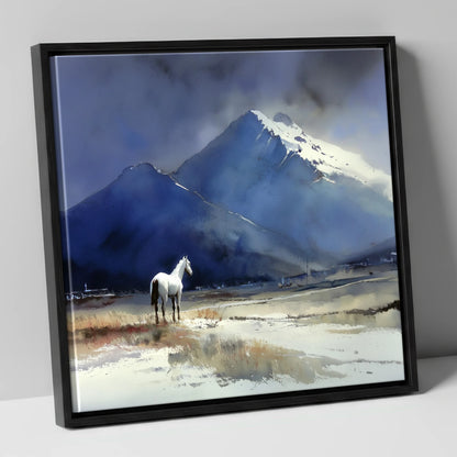 Winter Alpine Solitude horse landscape canvas wall art in black frame