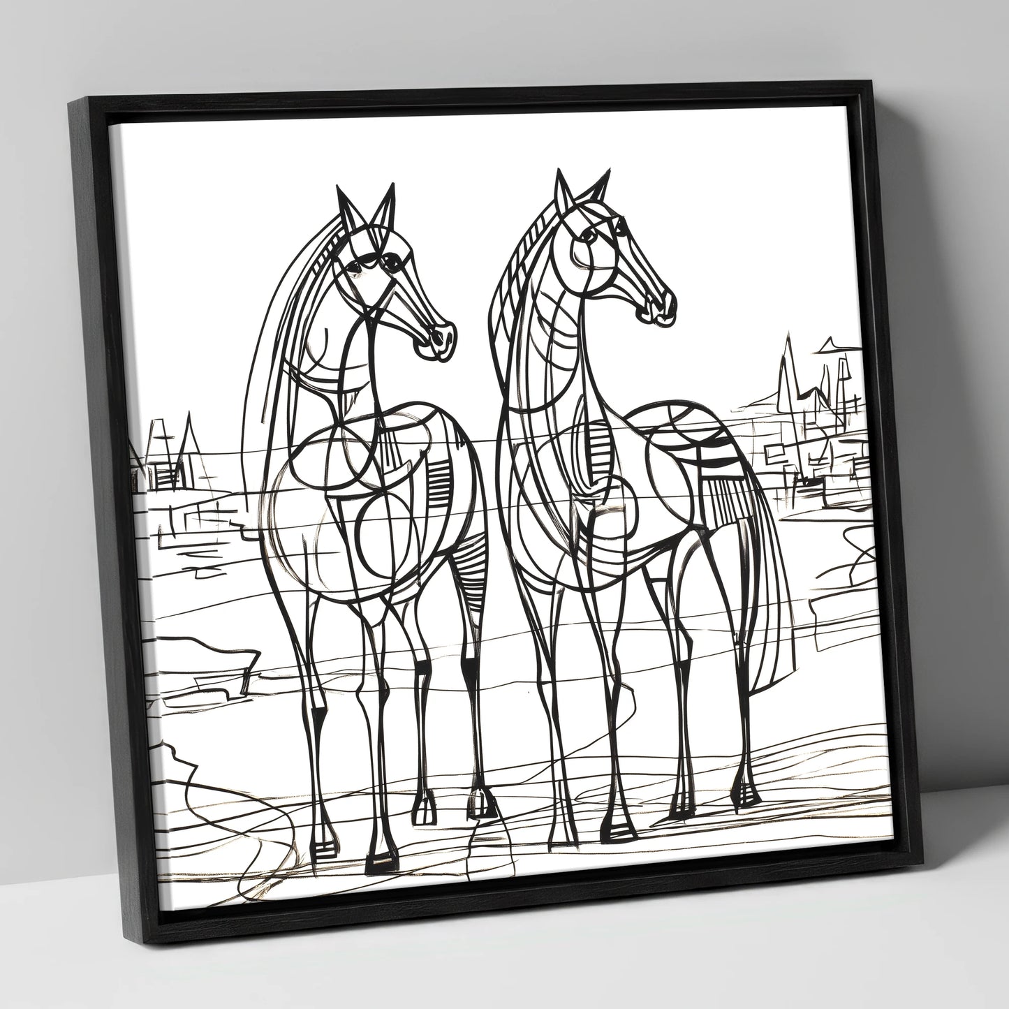 Architectural Equine Duo horse landscape canvas wall art in black frame