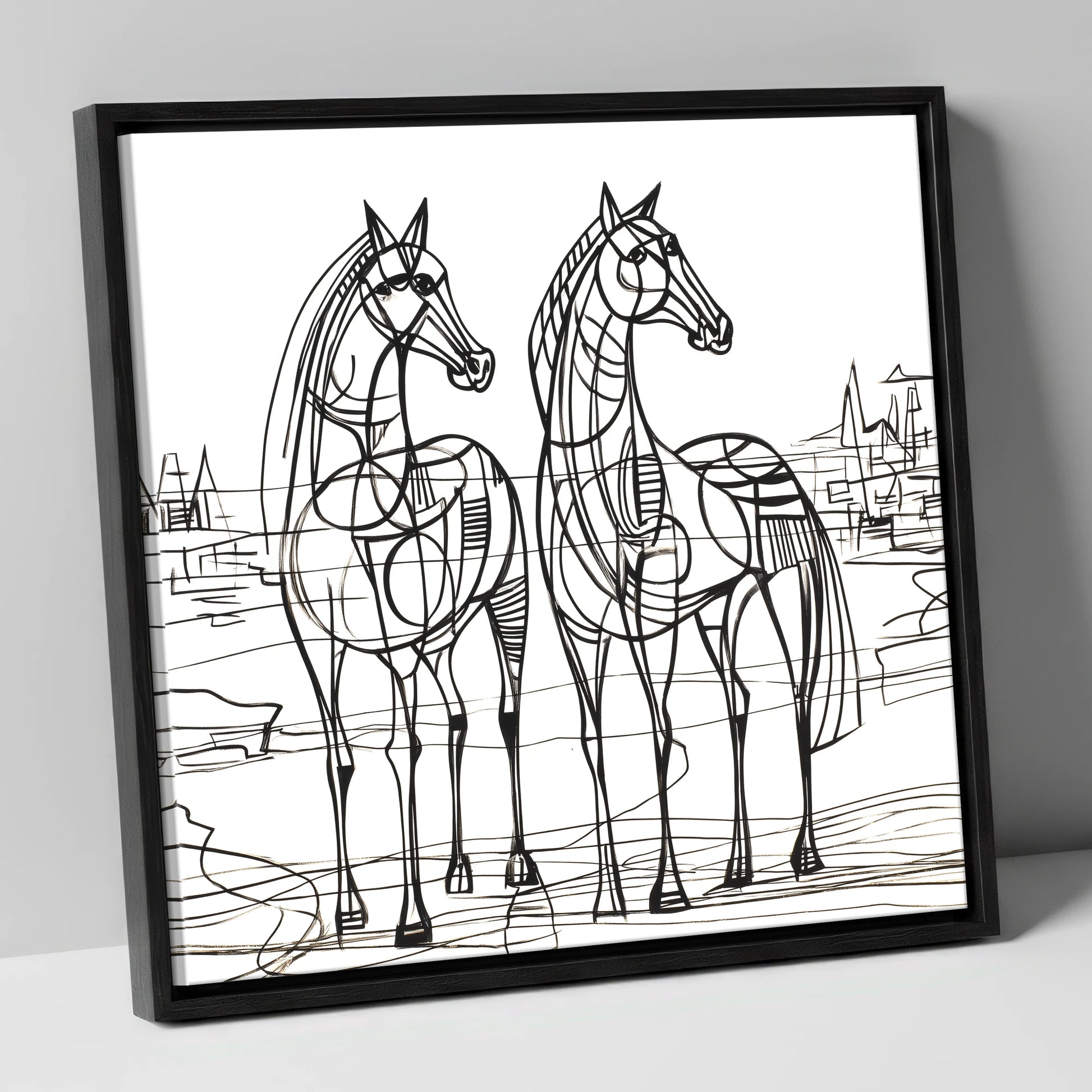 Architectural Equine Duo horse landscape canvas wall art in black frame