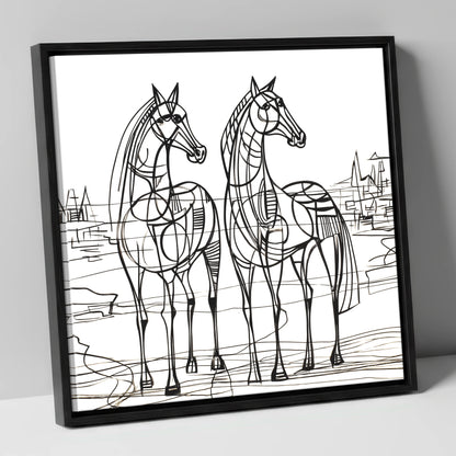 Architectural Equine Duo horse landscape canvas wall art in black frame