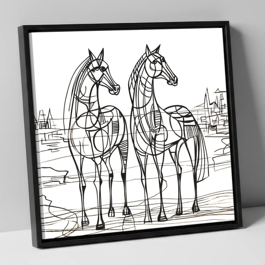 Architectural Equine Duo horse landscape canvas wall art in black frame