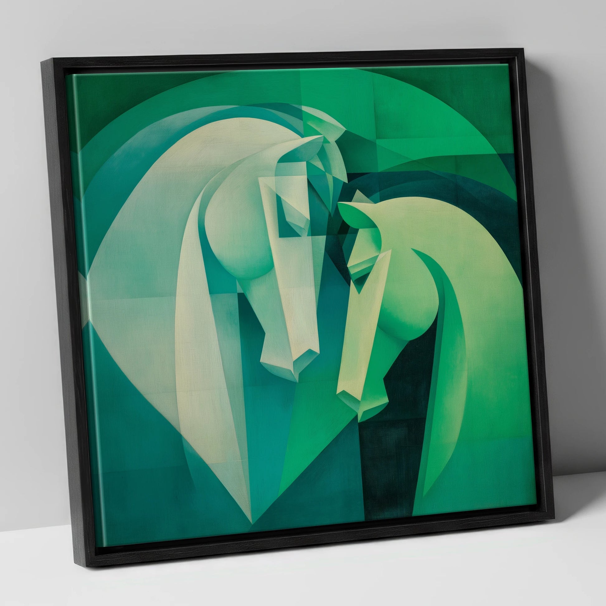 Verdant Harmony horse portrait canvas wall art in black frame