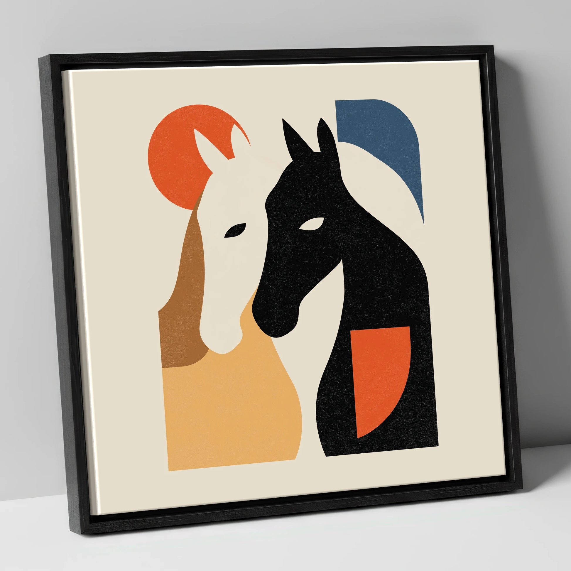 Modernist Equine Embrace horse portrait canvas wall art in black frame